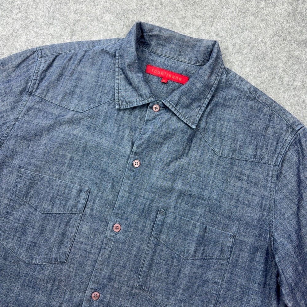 fcuk‎ jeans Shirt Mens Medium Blue Short Sleeve Western Yoke Cotton Chambray